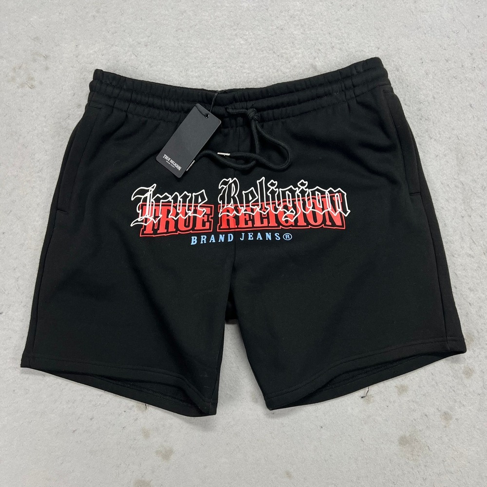 True Religion Jeans Sweat Shorts Jet Black XL Mens Multi Print Relaxed Fit - Picture 2 of 12